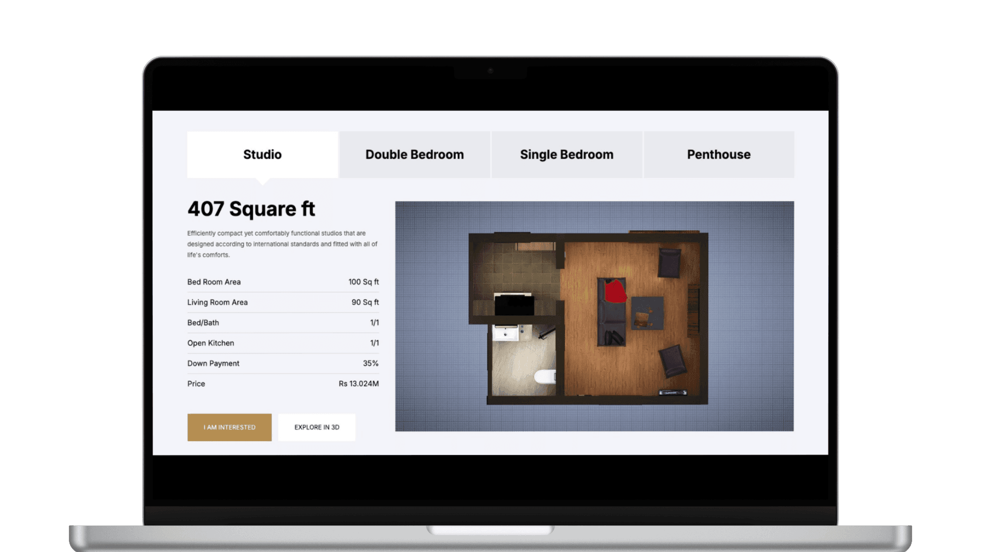 Elite Residence website on a laptop, showing the studio apartment tab with a top-down 3D floor plan, room areas and price