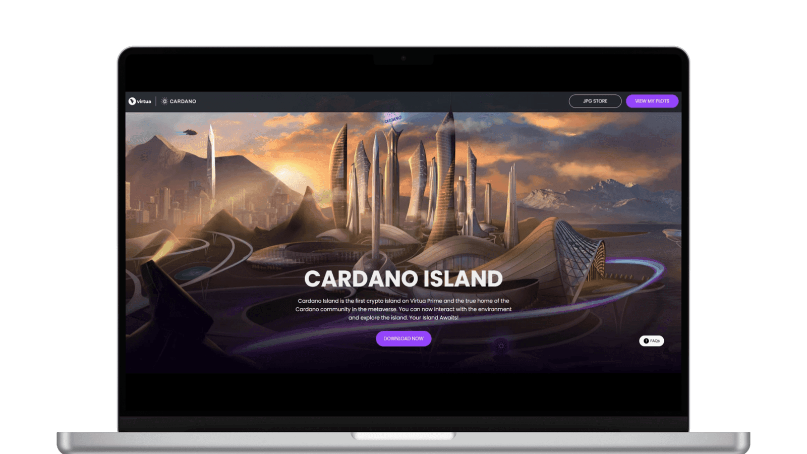 Cardano Island landing page in the Virtua metaverse on a laptop, showing a futuristic 3D island city at sunset