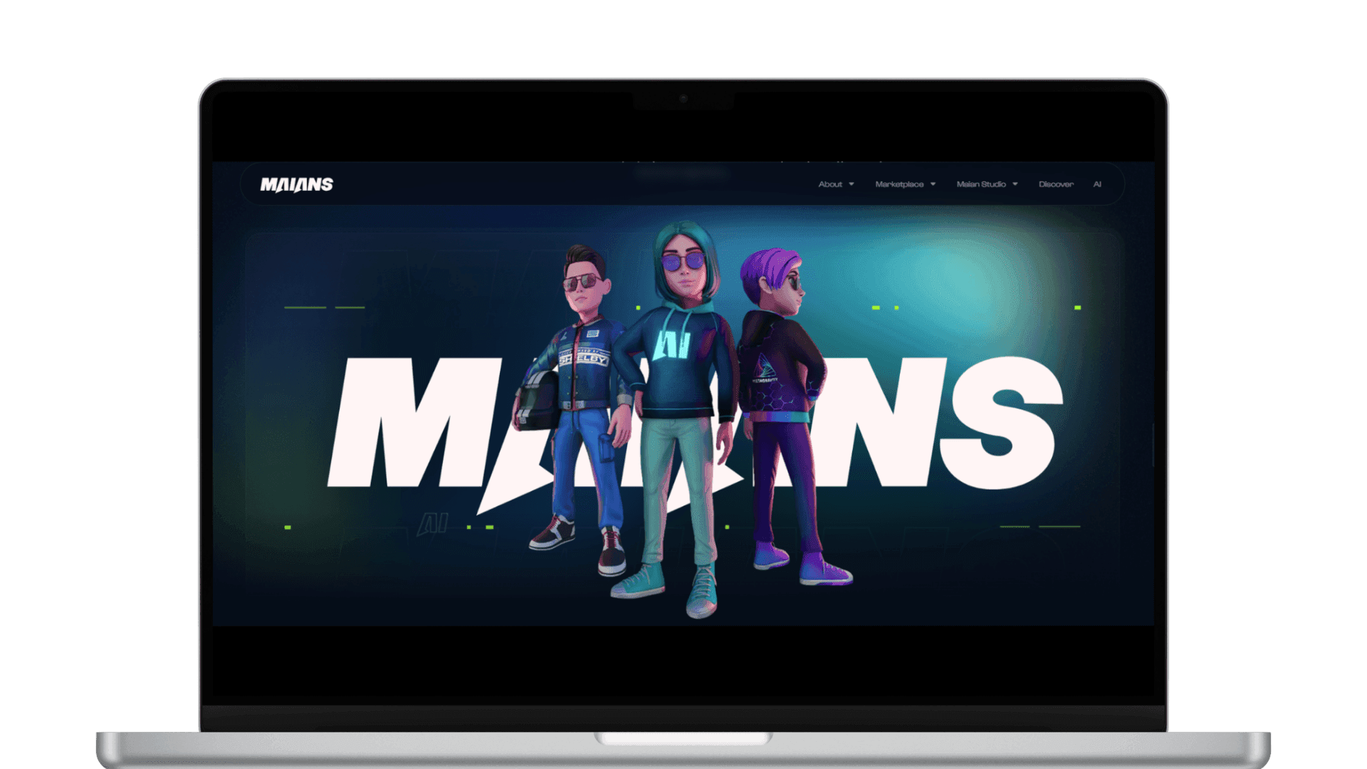 MAIANS website on a laptop, showing three stylized 3D avatar characters in front of the MAIANS logo
