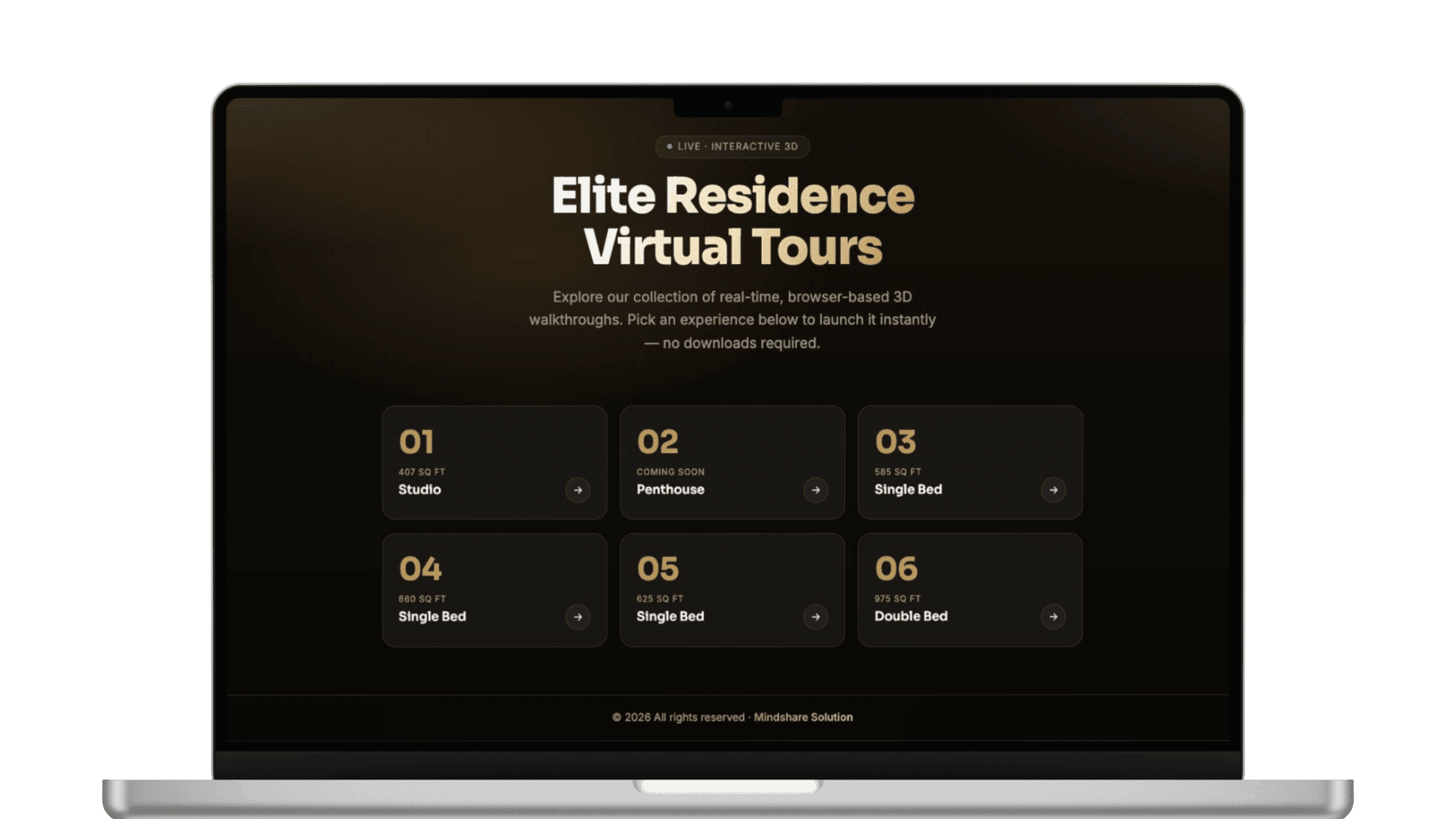 Elite Residence Virtual Tours page on a laptop, listing six apartment types from studio to double bed that open as browser-based 3D walkthroughs