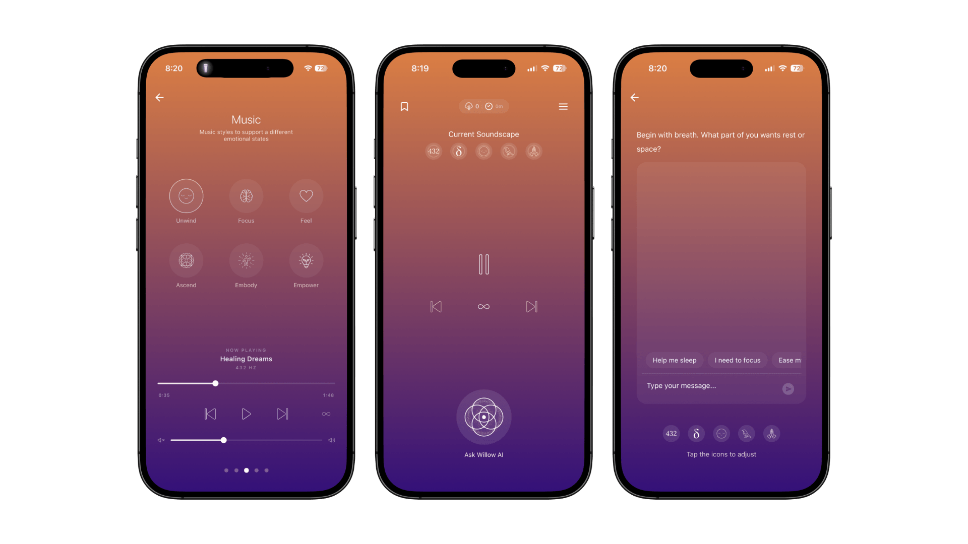 Three iPhone screens from the Willowave app: music categories, the soundscape player and the Willow AI chat